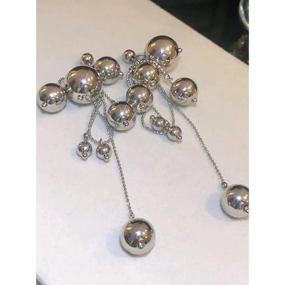 Silver Tone Statement Drop Earrings – Multi Ball Chain Dangle Earrings - Picture 3 of 5
